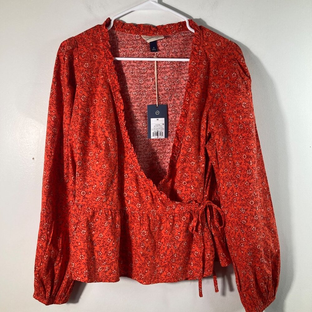 Womens Universal Thread V Neck Floral Wrap Blouse Orange M NWT